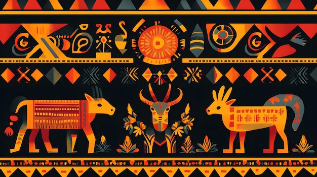 Traditional Inca geometric design with stylized animals and plant motifs bold unique vibrant pattern High quality sharp images graphic illustration