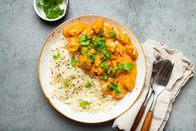 Traditional indian dish chicken curry with basmati rice and