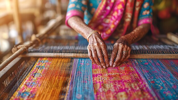 Photo traditional indian sari weaving on handloom with vibrant threads