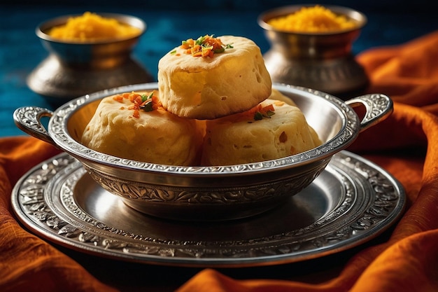 A traditional Indian serving dish with pani puris