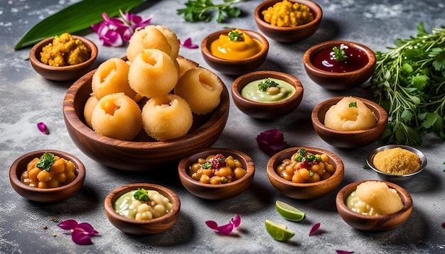 Traditional indian snack pani puri in a wooden bowl with sauces