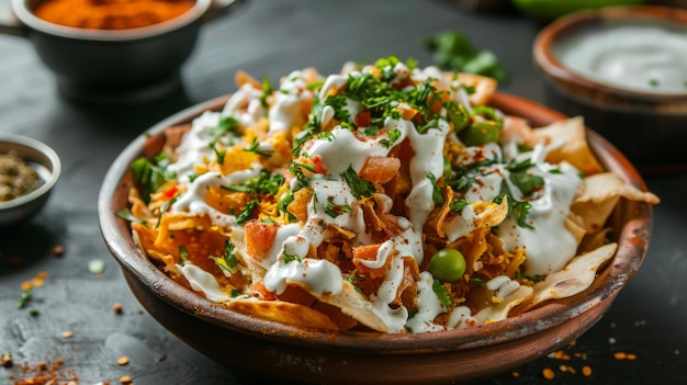 A traditional Indian street food snack chaat papri topped with yogurt chutneys and spices