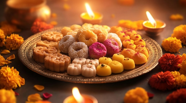 Photo traditional indian sweets including laddus and deepfried jalebis decorated with candles