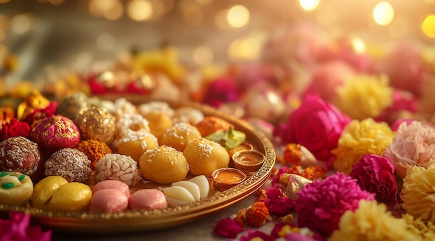 Photo traditional indian sweets including laddus and deepfried jalebis decorated with candles