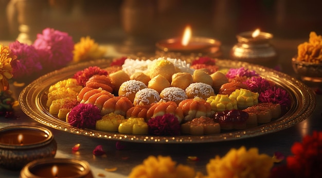 Photo traditional indian sweets including laddus and deepfried jalebis decorated with candles