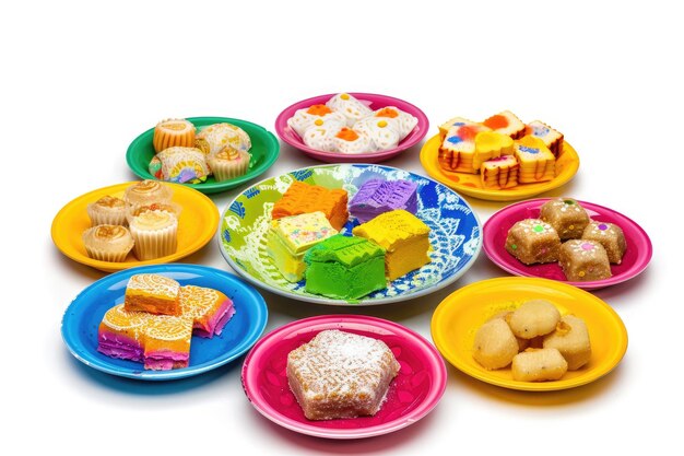 Traditional Indian Sweets and Snacks Arranged in Colorful Platters Perfect for Holi Celebration Isolated on White