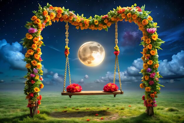 Photo a traditional indian swing decorated with flowers under the moonlight