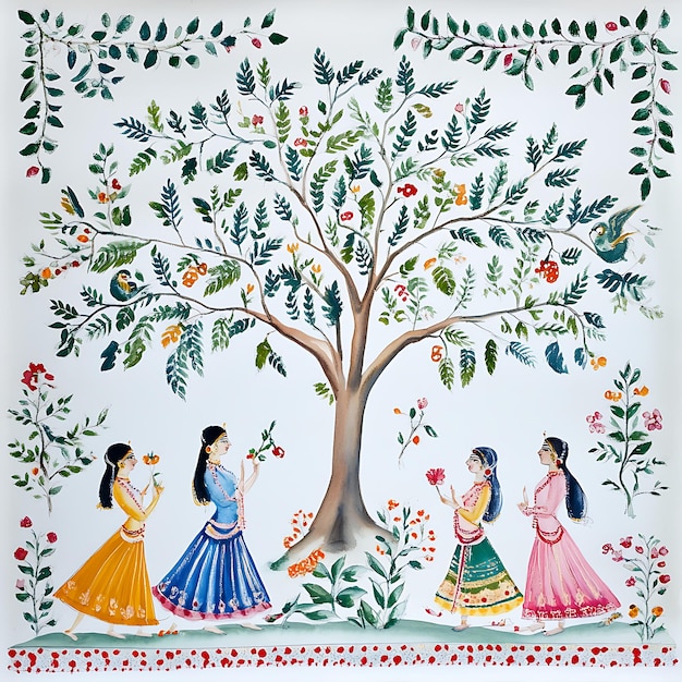 Traditional Indian Watercolor Painting of Women and a Tree