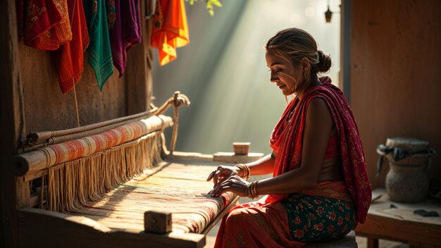 Photo traditional indian weaver crafting on handloom in village settingries