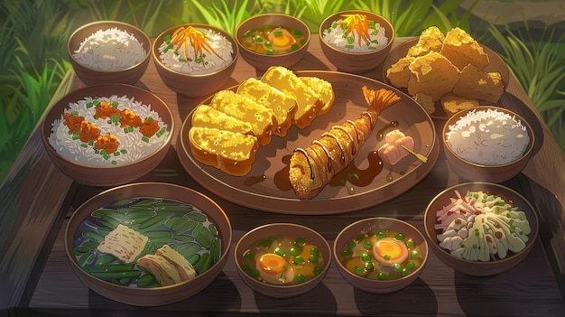 Photo a traditional indonesian feast with various dishes in wooden bowls