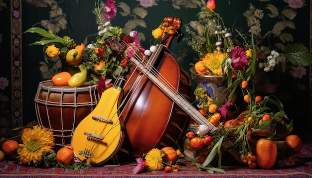 Photo traditional instruments used during gudi padwa such as a dhol or a veena