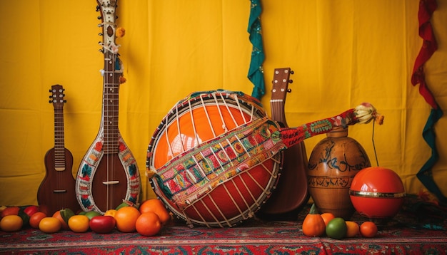 Photo traditional instruments used during gudi padwa such as a dhol or a veena