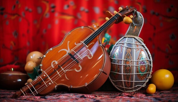 Photo traditional instruments used during gudi padwa such as a dhol or a veena