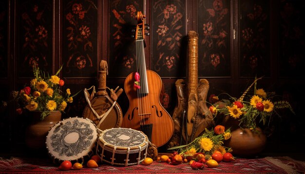 Photo traditional instruments used during gudi padwa such as a dhol or a veena