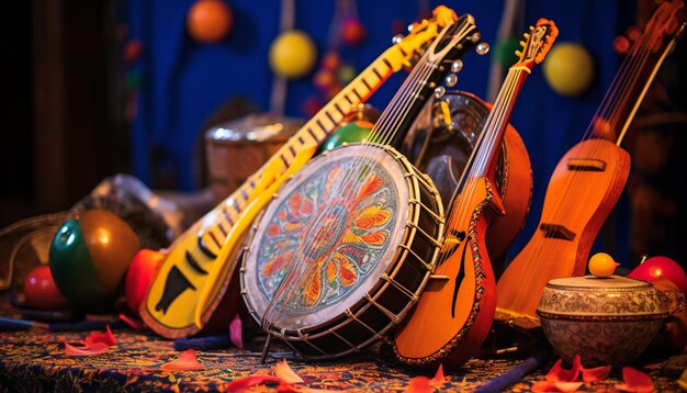 Photo traditional instruments used during gudi padwa such as a dhol or a veena