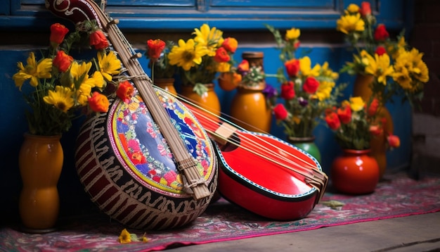 Photo traditional instruments used during gudi padwa such as a dhol or a veena