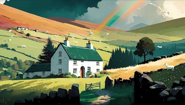 A traditional Irish cottage surrounded by green hills and rainbow digital art illustration generative AI