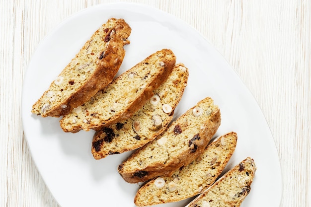 Traditional Italian almond biscotti cookies close up Homemade sweet cantuccini dry biscuits baked