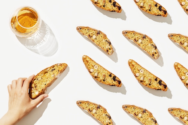 Traditional Italian almond cantuccini cookies and sweet wine Vin Santo.