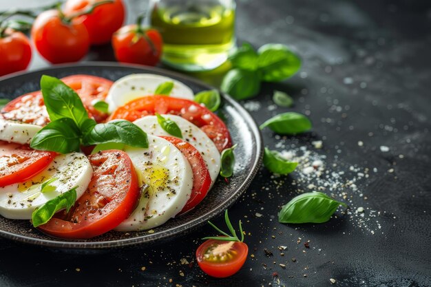 Photo traditional italian caprese salad with fresh mozzarella tomatoes and basil on a dark background