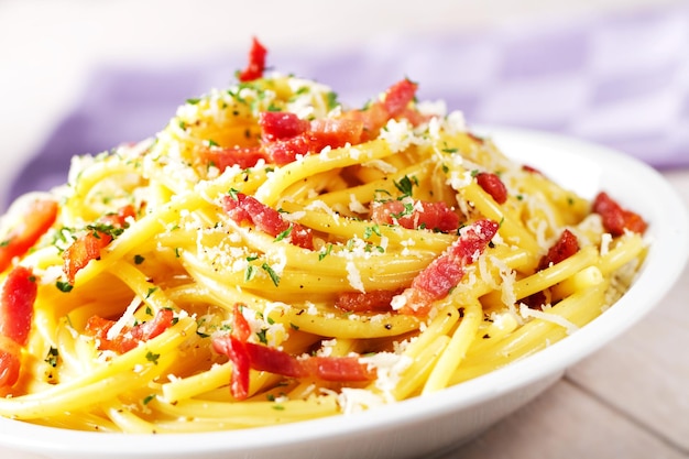 Traditional italian dish spaghetti carbonara with bacon in a cream sauce