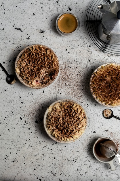 Traditional italian homemade tiramisu with mascarpone and cocoa powder top view