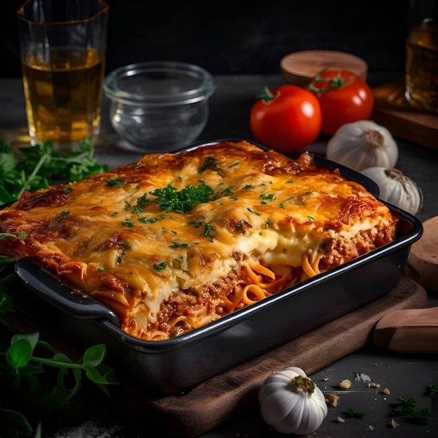 Traditional italian lasagna bolognese in baking dish on dark background