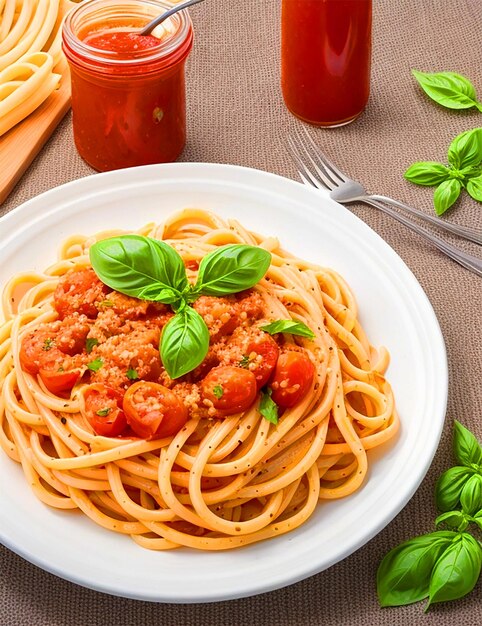 Traditional Italian linguini pasta with tomatoes and basil is isolated on a fresh background