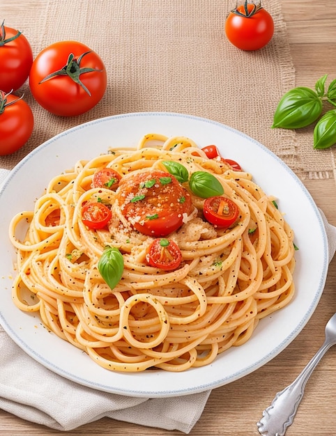 Traditional Italian linguini pasta with tomatoes and basil is isolated on a fresh background