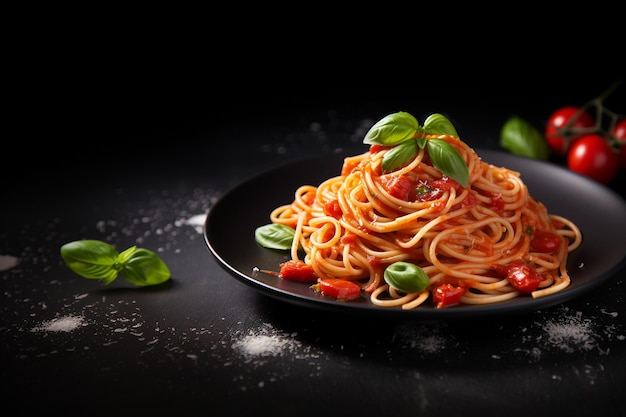 Traditional Italian pasta Spaghetti with tomato sauce served on black plate