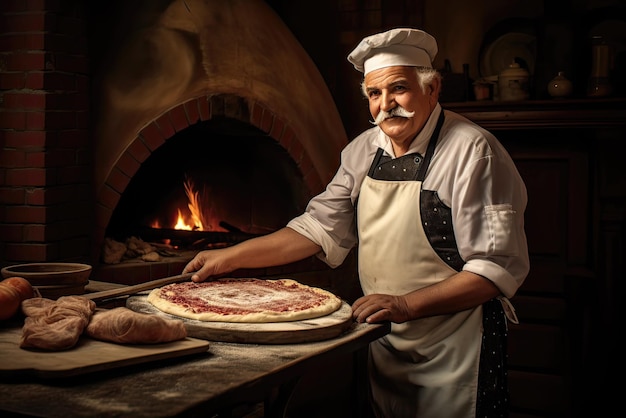 Traditional Italian pizza maker cooking a pizza in the oven