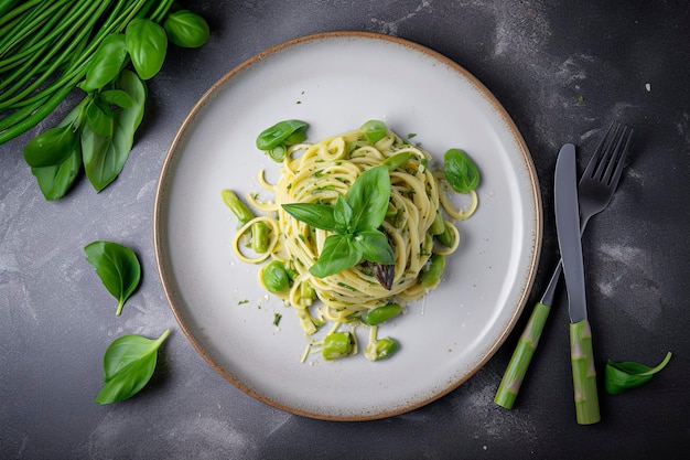 Traditional Italian spaghetti with asparagus in a herb sauce served as a top view on a Nordic design plate generate ai