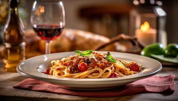 Traditional italy pasta heaped plate of delicious italian spaghetti pasta with fresh basil leaves an