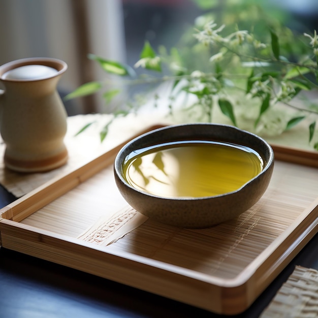 A traditional Japanese cup of tea with medicine served on a wooden tray