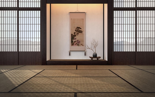 Traditional japanese empty room interior with tatami mats and sun light