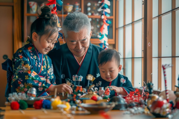 Traditional Japanese Family Celebrating Hinamatsuri Doll Festival Together with Joy and Love