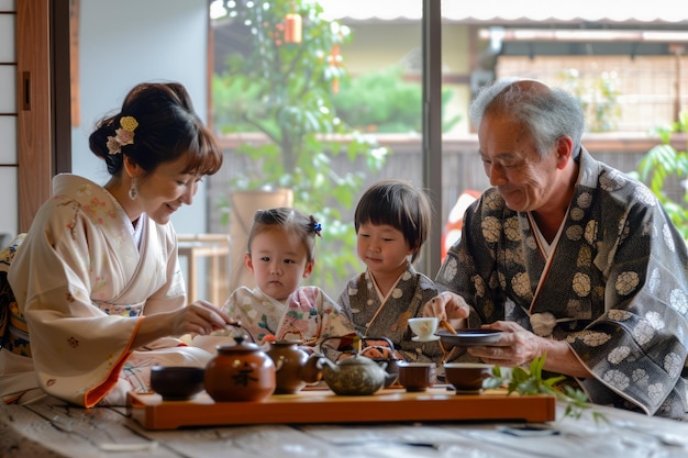 Traditional Japanese Family Enjoying Tea Ceremony at Home in Kimono