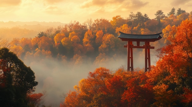 A Traditional Japanese Gate in a Misty Autumn Forest