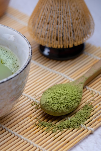 Traditional Japanese green tea matcha closeup