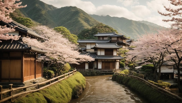 Traditional Japanese houses with rural views