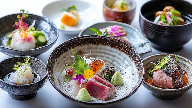 Photo traditional japanese kaiseki meal with miso soup and tempura