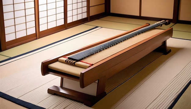 a traditional Japanese koto instrument placed delicately on a tatami mat in a serene tatami room