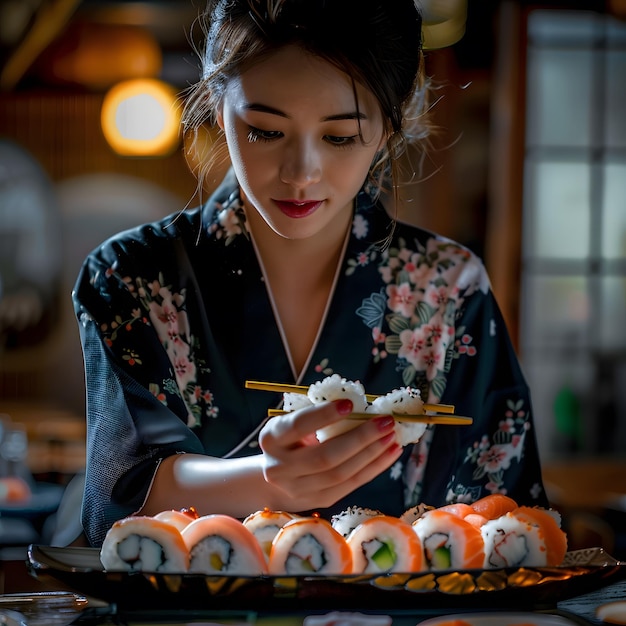 a traditional Japanese lady eating and serving Sushi