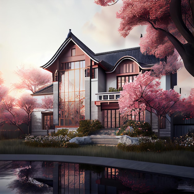 Traditional Japanese luxury house pagoda home with sakura trees