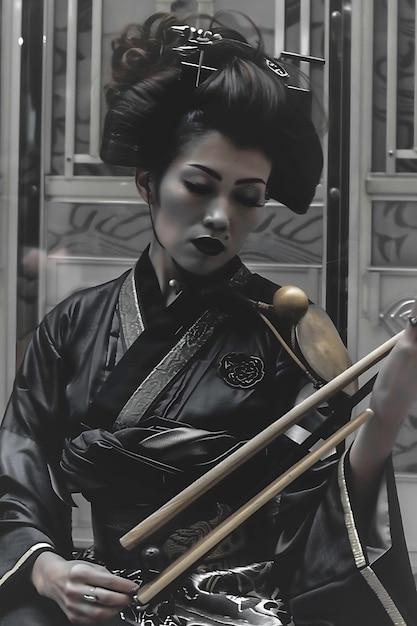 Traditional Japanese Performer in Elegant Kimono Playing Instrument in Urban Setting at Dusk