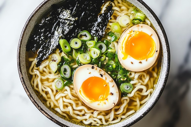 Photo traditional japanese ramen bowl with softboiled eggs seaweed and green onions featuring savory