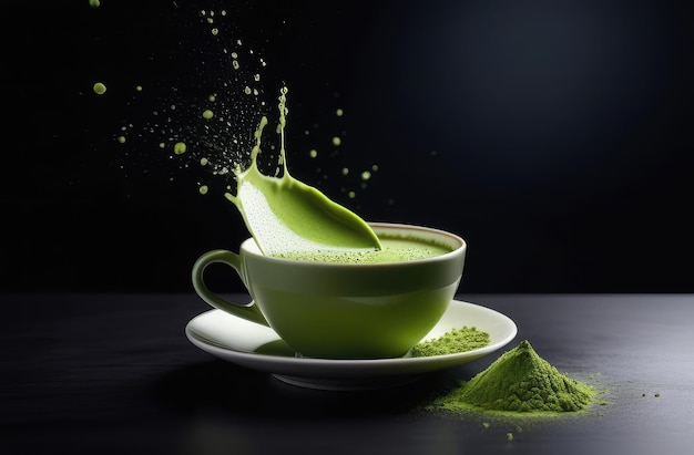 traditional Japanese refreshing green matcha tea in cup with splashes on dark background