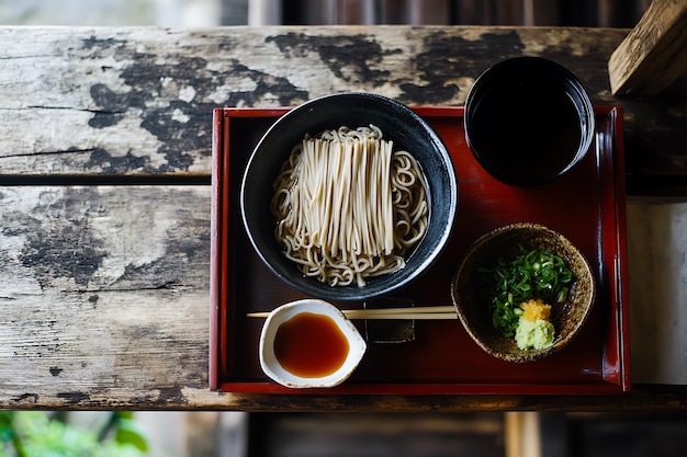 Photo traditional japanese soba noodles served on wooden tray with dipping sauce