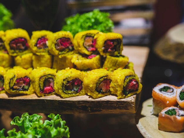 Traditional japanese sushi dishes at a hotel buffet