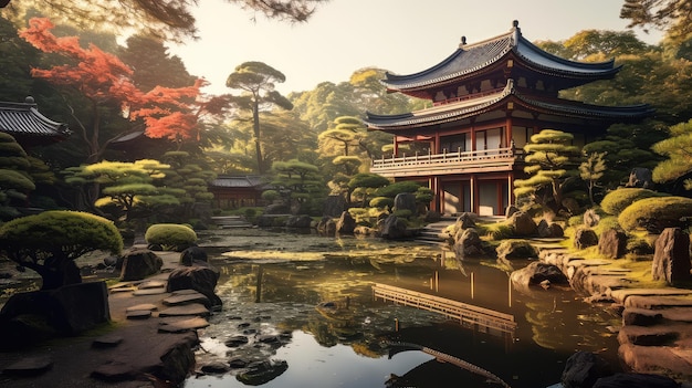 A traditional japanese temple photo realistic illustration